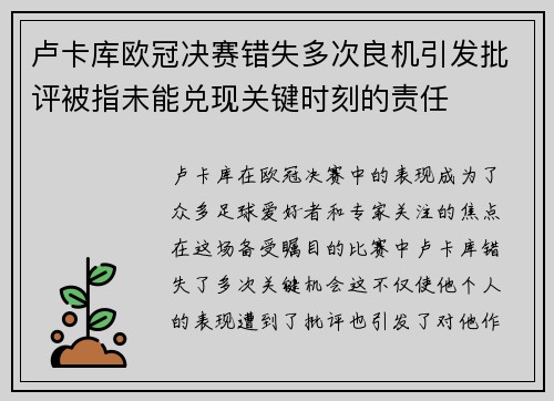 卢卡库欧冠决赛错失多次良机引发批评被指未能兑现关键时刻的责任